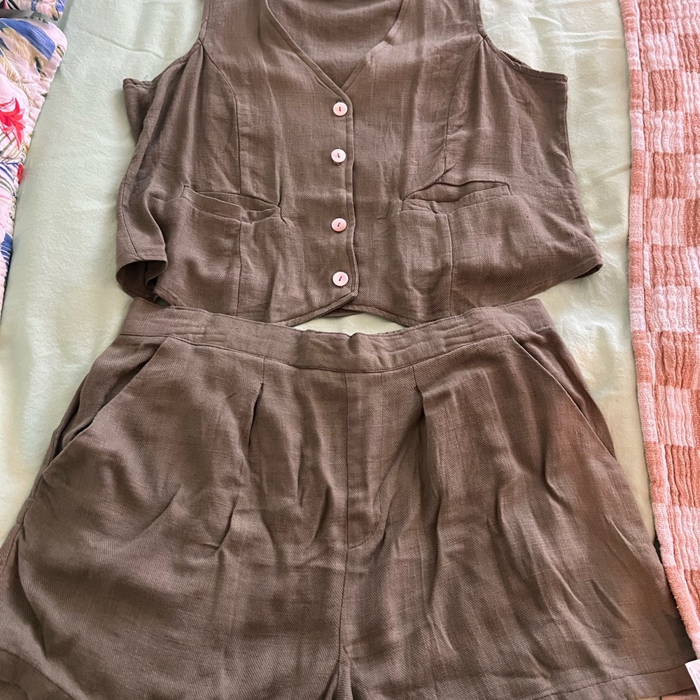 Olive Button-Up Vest Top and Shorts Set